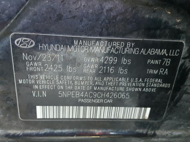 5NPEB4AC9CH426065 - 2012 HYUNDAI SONATA GLS BLACK photo 10