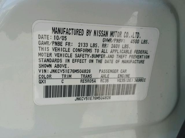 JNKCV51E76M504826 - 2006 INFINITI G35 WHITE photo 10