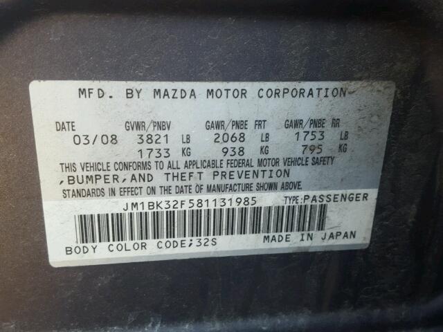 JM1BK32F581131985 - 2008 MAZDA 3 I GRAY photo 10