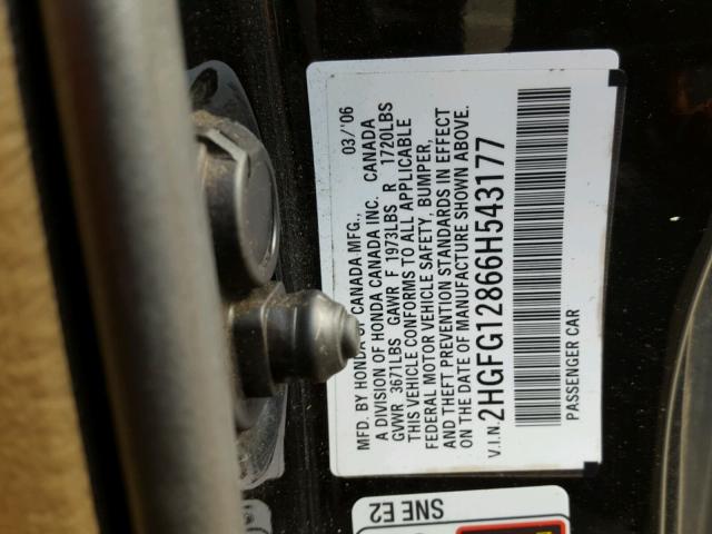 2HGFG12866H543177 - 2006 HONDA CIVIC EX BLACK photo 10