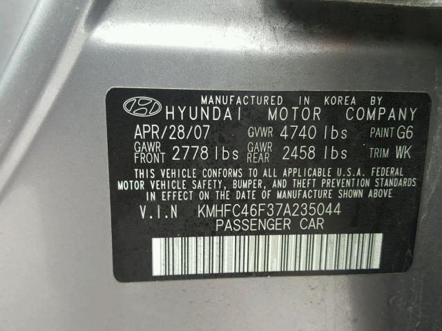 KMHFC46F37A235044 - 2007 HYUNDAI AZERA SE GRAY photo 10