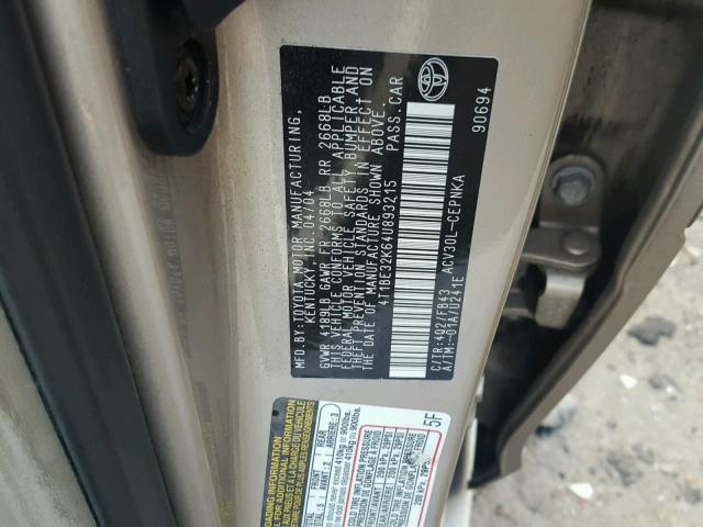 4T1BE32K64U893215 - 2004 TOYOTA CAMRY LE BEIGE photo 10