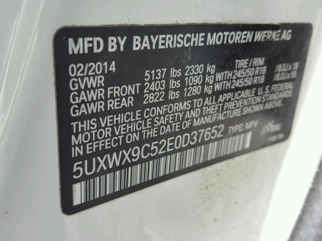 5UXWX9C52E0D37652 - 2014 BMW X3 XDRIVE2 WHITE photo 10