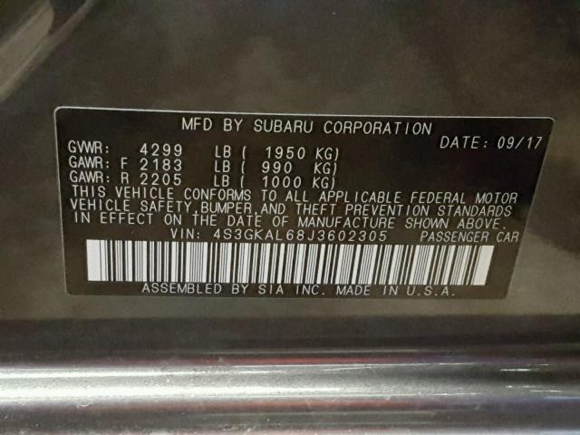 4S3GKAL68J3602305 - 2018 SUBARU IMPREZA SP GRAY photo 10