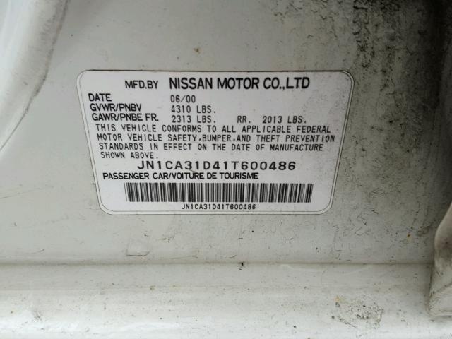 JN1CA31D41T600486 - 2001 NISSAN MAXIMA GXE WHITE photo 10