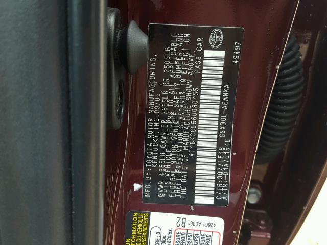 4T1BK36B66U080155 - 2006 TOYOTA AVALON XL BURGUNDY photo 10