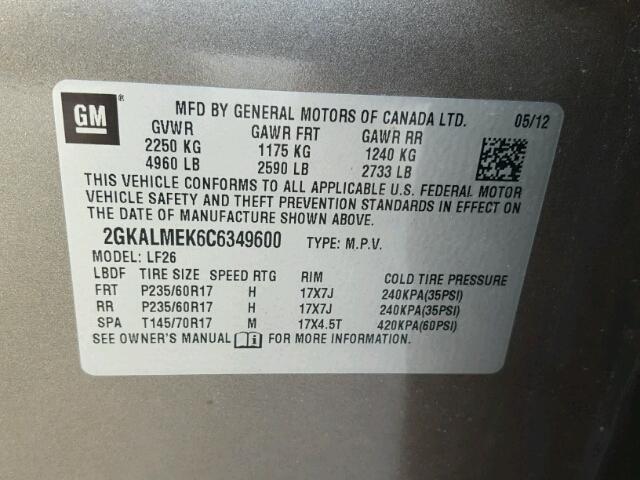 2GKALMEK6C6349600 - 2012 GMC TERRAIN SL GRAY photo 10