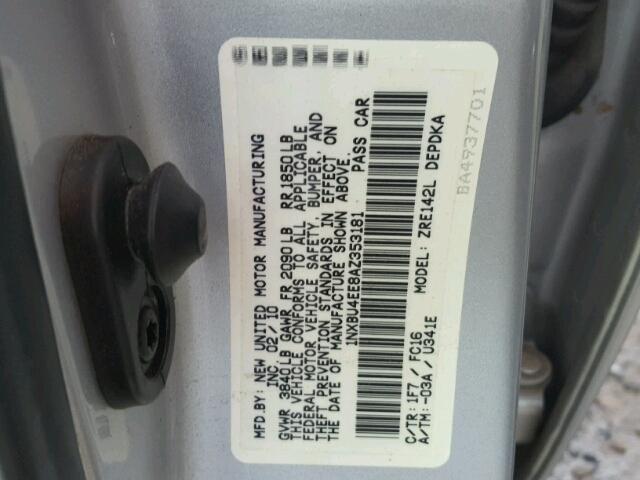 1NXBU4EE8AZ353181 - 2010 TOYOTA COROLLA BA GRAY photo 10