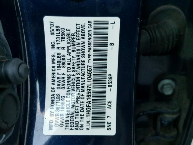 1HGFA16597L104657 - 2007 HONDA CIVIC LX BLUE photo 10