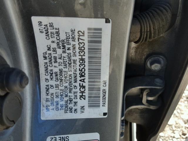 2HGFA16539H363712 - 2009 HONDA CIVIC LX GRAY photo 10