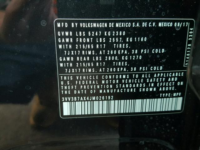 3VV3B7AX4JM026192 - 2018 VOLKSWAGEN TIGUAN SE Schwarz Foto 10