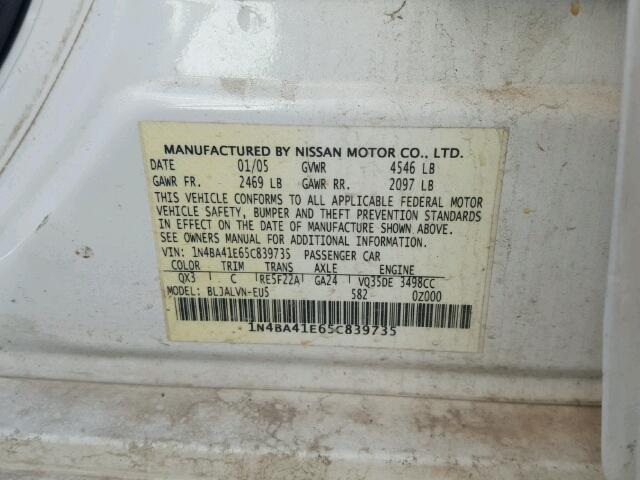 1N4BA41E65C839735 - 2005 NISSAN MAXIMA SE WHITE photo 10