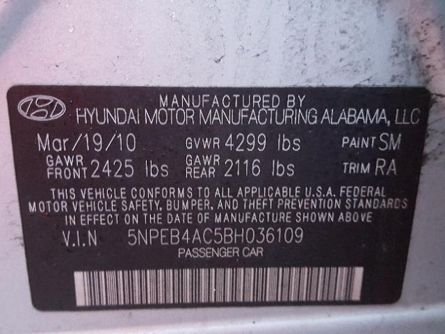 5NPEB4AC5BH036109 - 2011 HYUNDAI SONATA GLS GRAY photo 10