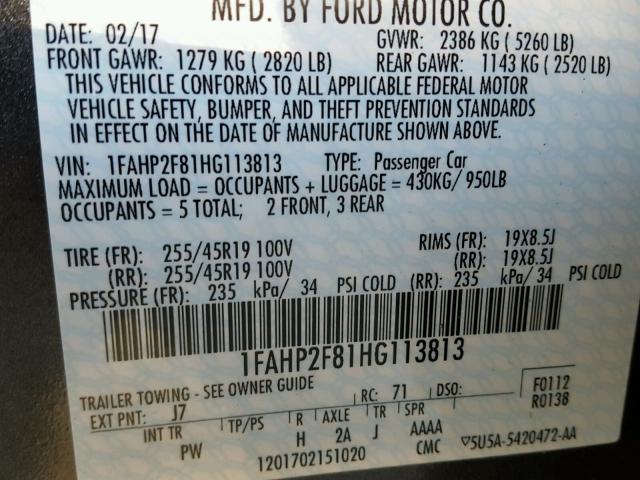 1FAHP2F81HG113813 - 2017 FORD TAURUS LIM GRAY photo 10