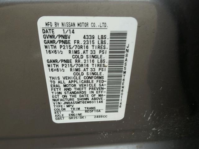 JN8AS5MT6EW601146 - 2014 NISSAN ROGUE SELE GRAY photo 10