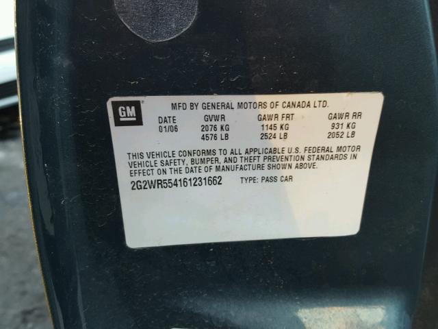 2G2WR554161231662 - 2006 PONTIAC GRAND PRIX TEAL photo 10