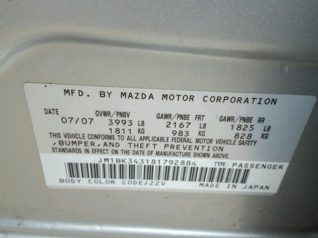 JM1BK343181792884 - 2008 MAZDA 3 HATCHBAC SILVER photo 10