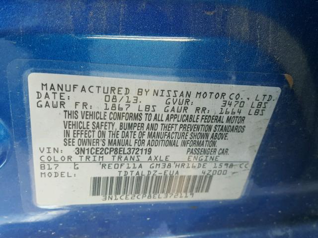 3N1CE2CP8EL372119 - 2014 NISSAN VERSA NOTE BLUE photo 10