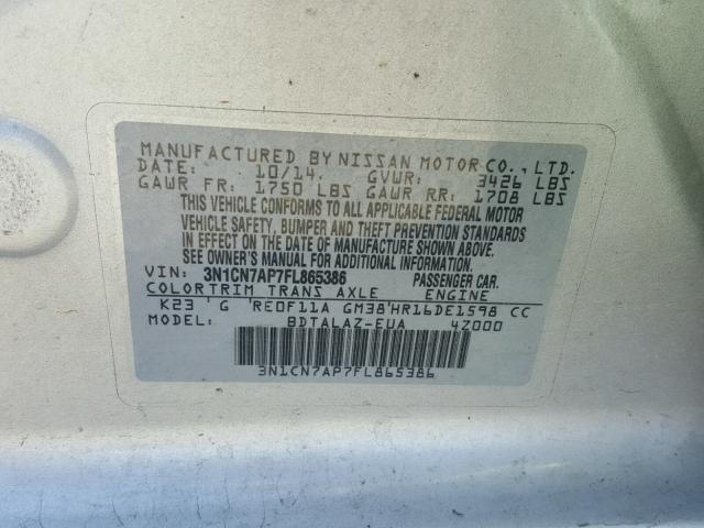 3N1CN7AP7FL865386 - 2015 NISSAN VERSA S SILVER photo 10