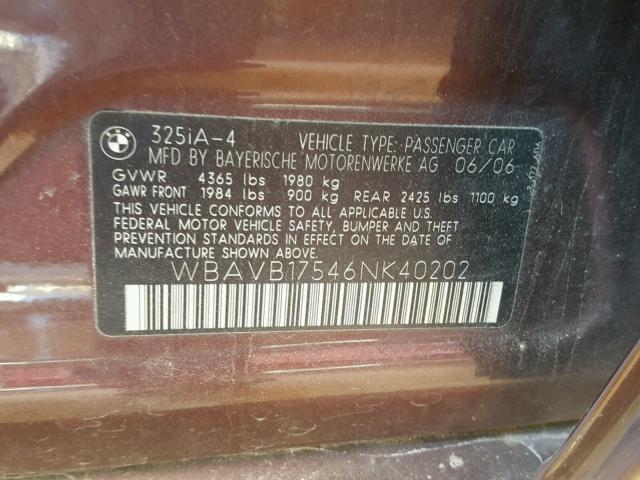WBAVB17546NK40202 - 2006 BMW 325 I AUTO MAROON photo 10