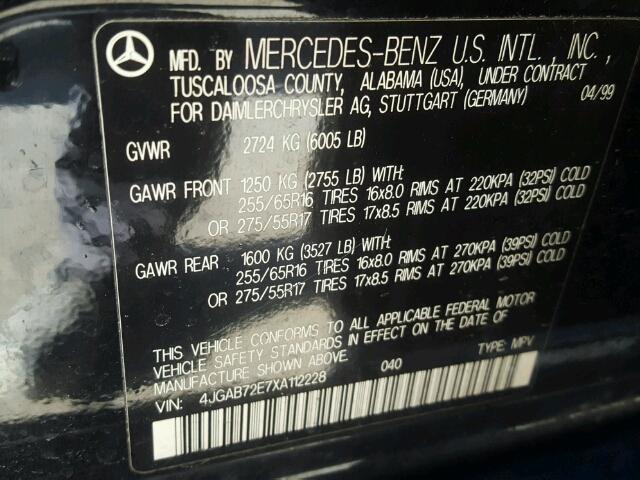 4JGAB72E7XA112228 - 1999 MERCEDES-BENZ ML 430 黑色 照片 10
