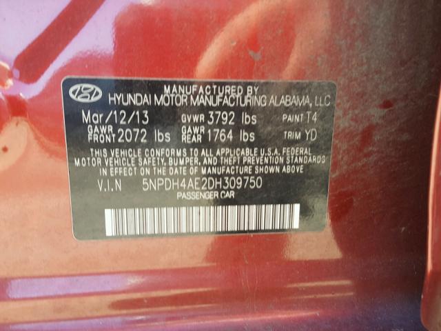 5NPDH4AE2DH309750 - 2013 HYUNDAI ELANTRA GL RED photo 10