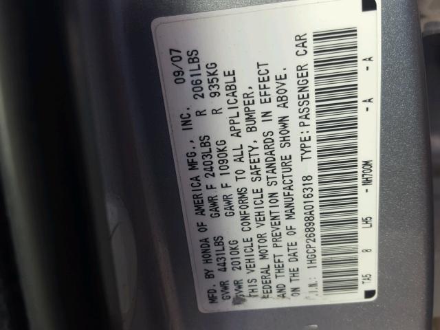 1HGCP26898A016318 - 2008 HONDA ACCORD EXL SILVER photo 10