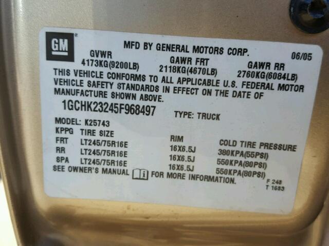 1GCHK23245F968497 - 2005 CHEVROLET SILVERADO TAN photo 10