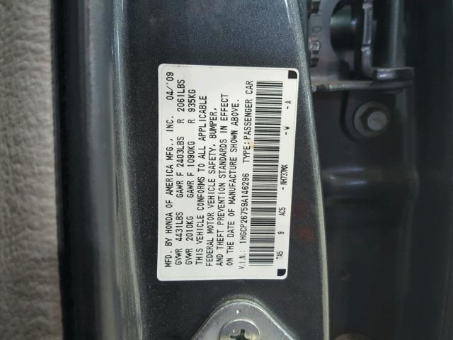 1HGCP26759A146296 - 2009 HONDA ACCORD EX GRAY photo 10