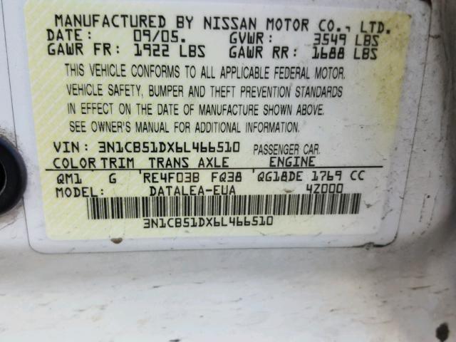 3N1CB51DX6L466510 - 2006 NISSAN SENTRA 1.8 WHITE photo 10