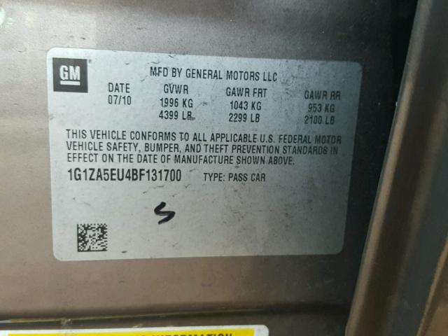 1G1ZA5EU4BF131700 - 2011 CHEVROLET MALIBU LS თაფლისფერი ფოტო 10