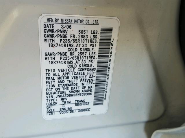 JN8AZ08W36W538396 - 2006 NISSAN MURANO SL WHITE photo 10