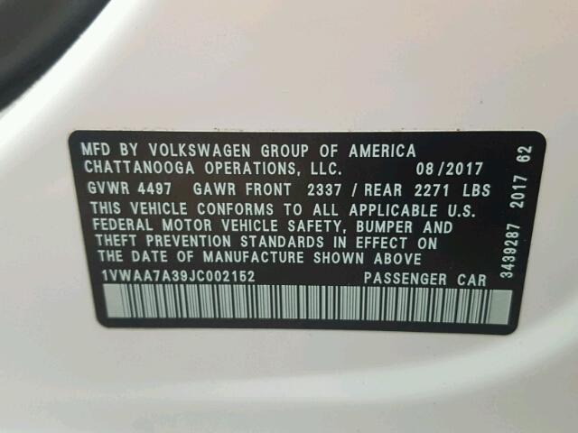 1VWAA7A39JC002152 - 2018 VOLKSWAGEN PASSAT S WHITE photo 10