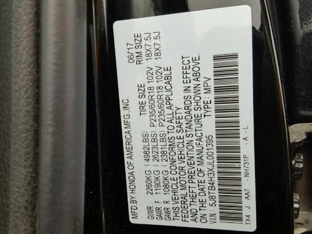 5J8TB4H3XJL001395 - 2018 ACURA RDX BASE BLACK photo 10