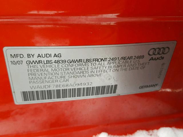 WAUDF78E68A094932 - 2008 AUDI A4 2.0T QU RED photo 10