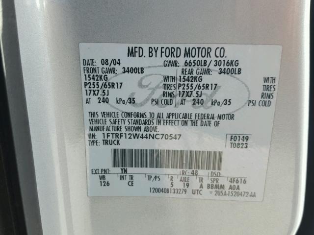 1FTRF12W44NC70547 - 2004 FORD F150 SILVER photo 10