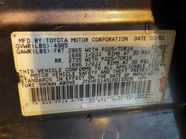 JTEHF21A510015529 - 2001 TOYOTA HIGHLANDER SILVER photo 10