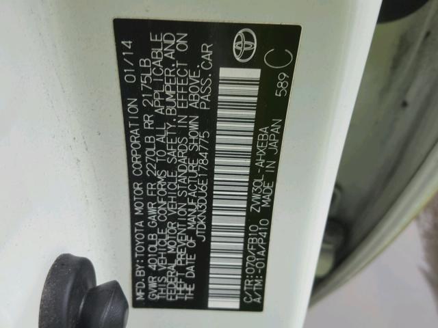 JTDKN3DU6E1784775 - 2014 TOYOTA PRIUS WHITE photo 10