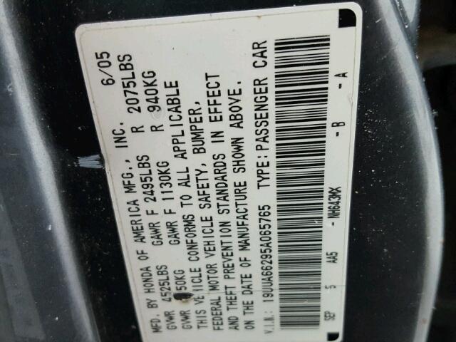 19UUA66295A065765 - 2005 ACURA TL GRAY photo 10