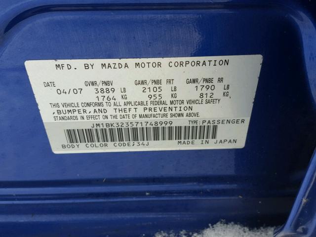 JM1BK323571748999 - 2007 MAZDA 3 S BLUE photo 10