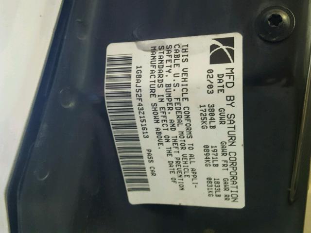 1G8AJ52F43Z151613 - 2003 SATURN ION LEVEL ვერცხლისფერი ფოტო 10