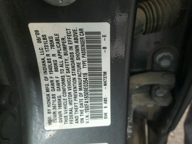 19XFA16509E035416 - 2009 HONDA CIVIC LX GRAY photo 10