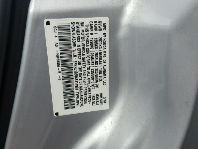 5FNRL18684B114901 - 2004 HONDA ODYSSEY EX SILVER photo 10