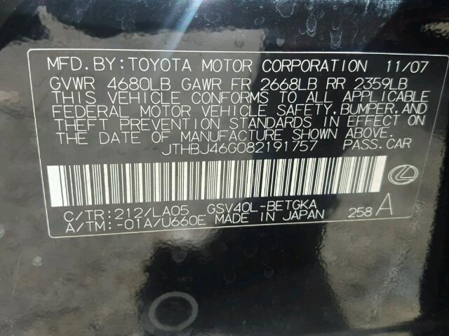 JTHBJ46G082191757 - 2008 LEXUS ES 350 BLACK photo 10