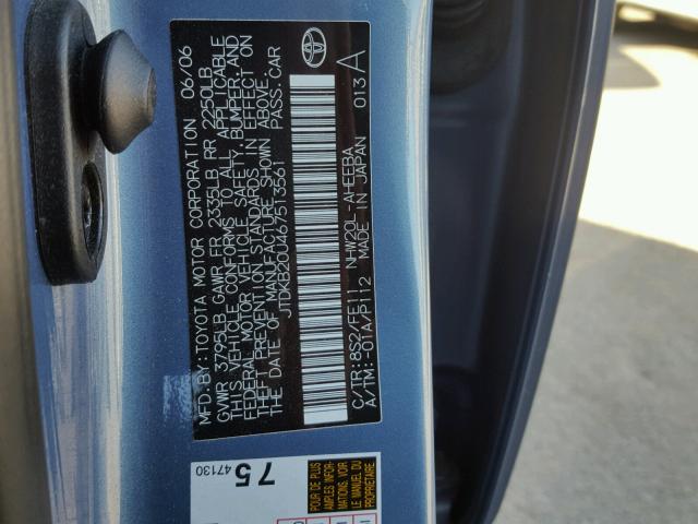 JTDKB20U467513561 - 2006 TOYOTA PRIUS BLUE photo 10