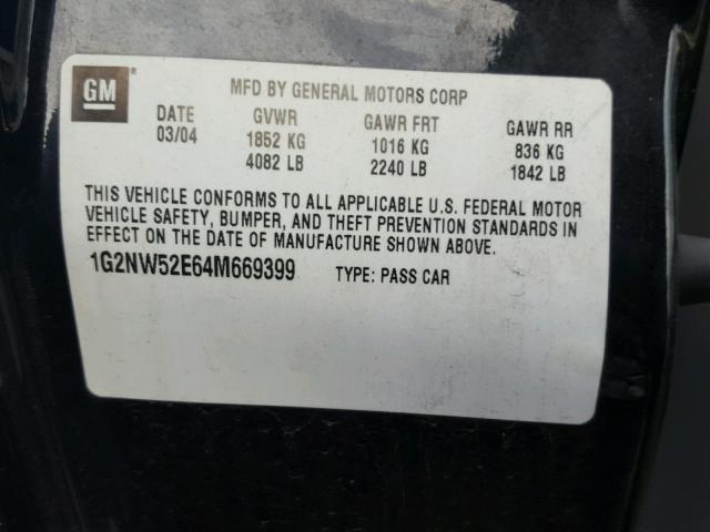 1G2NW52E64M669399 - 2004 PONTIAC GRAND AM G BLACK photo 10