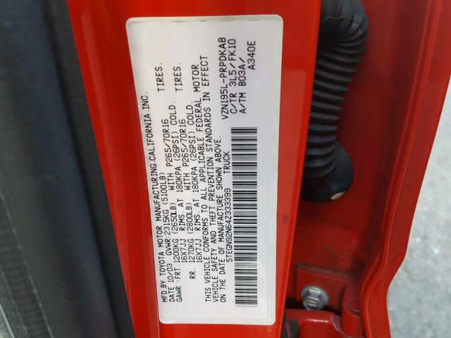 5TEGN92N64Z333399 - 2004 TOYOTA TACOMA DOU RED photo 10