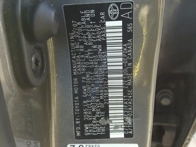 2T1BR32E77C804451 - 2007 TOYOTA COROLLA CE GRAY photo 10