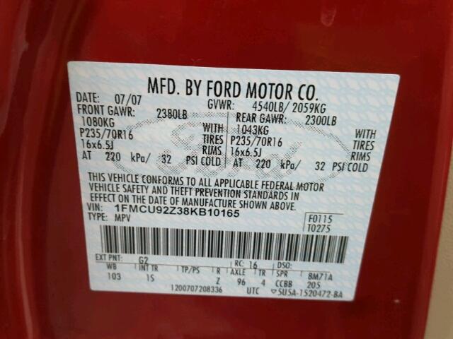 1FMCU92Z38KB10165 - 2008 FORD ESCAPE XLS RED photo 10