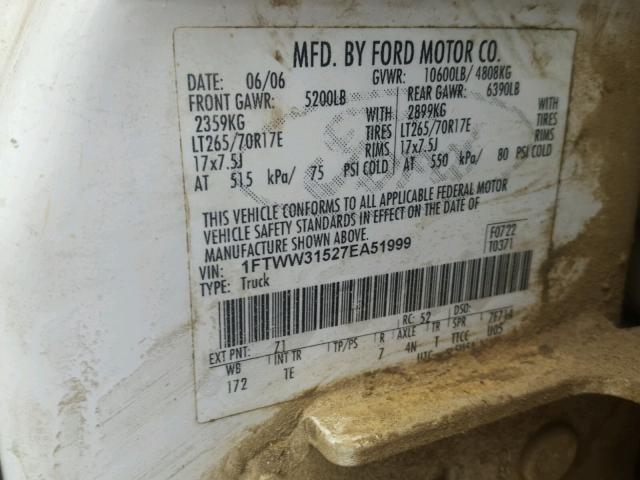 1FTWW31527EA51999 - 2007 FORD F350 SRW S WHITE photo 10